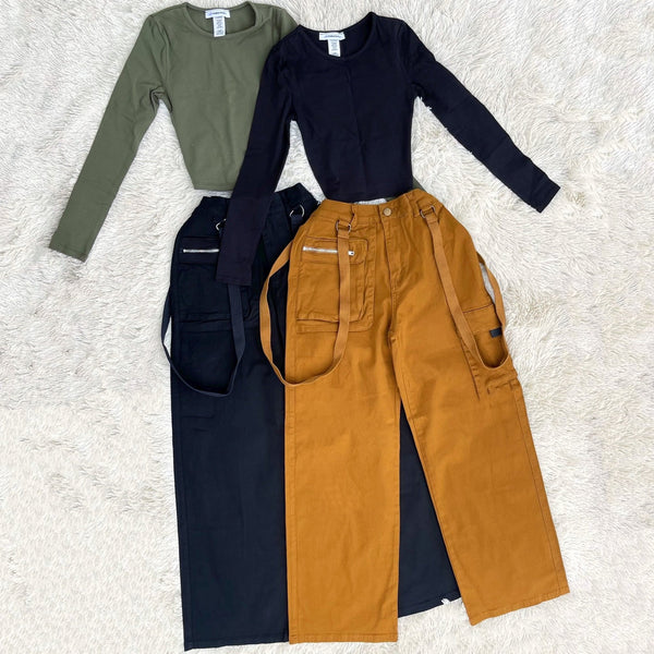 Solid Slant Pocket Belted Suspender Pants